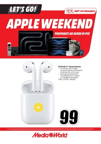 In corso sul volantino MediaWorld trovi nuove offerte dal 1/12 al 3/12/2023: Apple Weekend