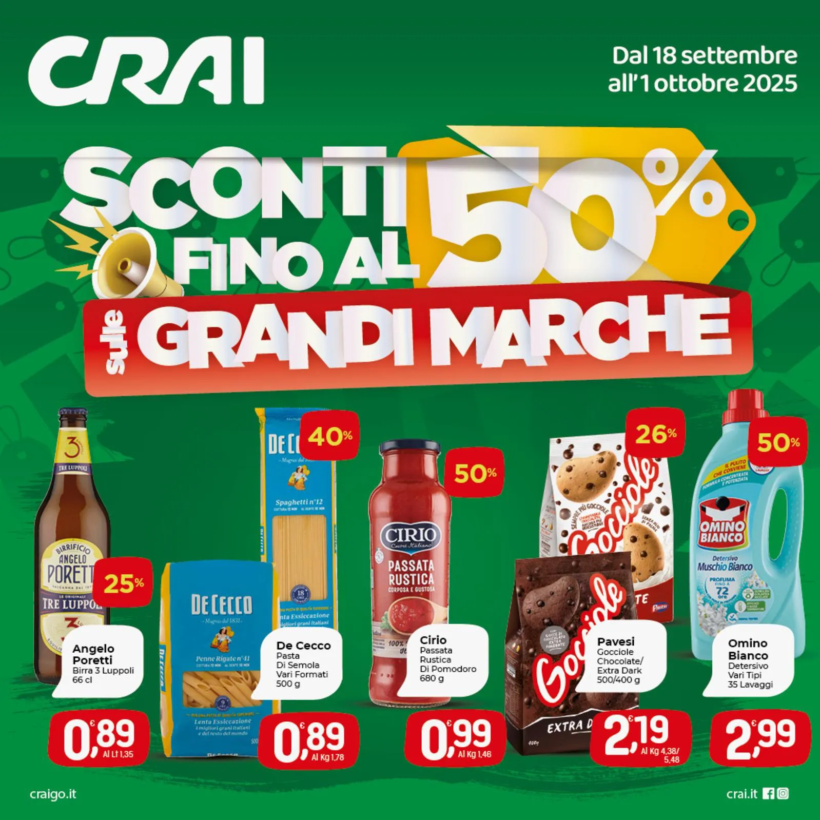 Volantino Crai Sconti Grandi Marche dal 18/09 al 1/10/2025