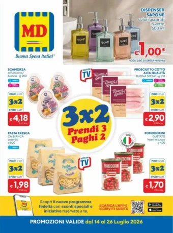Volantino MD 3×2 Prendi 3 Paghi 2 fino al 26/7 dal 14/7/2026