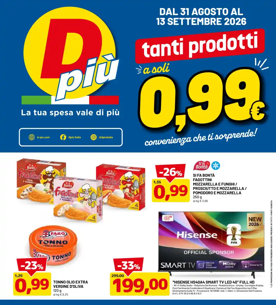 Volantino DPiù Tanti prodotti a soli 0,99 dal 31/8 fino al 13/9/2026