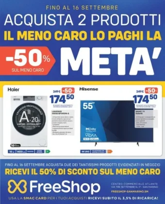 Volantino FreeShop Acquista 2 prodotti, il meno caro lo paghi la metà dal 24/8 fino al 16/9/2026