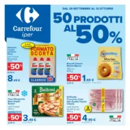 Volantino Carrefour 50 prodotti al 50% dal 29/9 fino al 12/10/2026