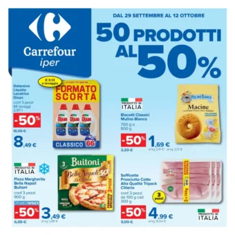 Volantino Carrefour 50 prodotti al 50% dal 29/9 fino al 12/10/2026