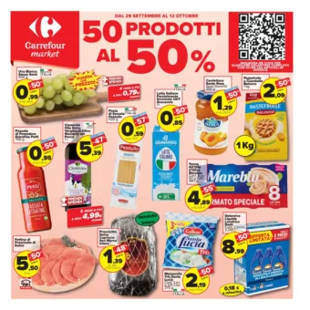 Volantino Carrefour Market 50 prodotti al 50% dal 29/9 fino al 12/10/2026