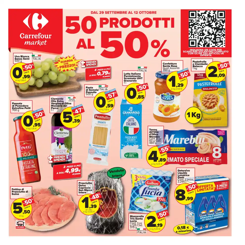 Volantino Carrefour Market 50 prodotti al 50% dal 29/9 fino al 12/10/2026