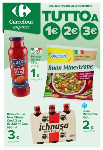 Volantino Carrefour Express Tutto a 1€ 2€ 3€ dal 22/10 fino al 3/11/2026