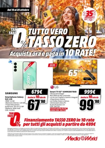 Volantino MediaWorld Tasso zero in 10 rate dal 19/10 fino al 29/10/2026