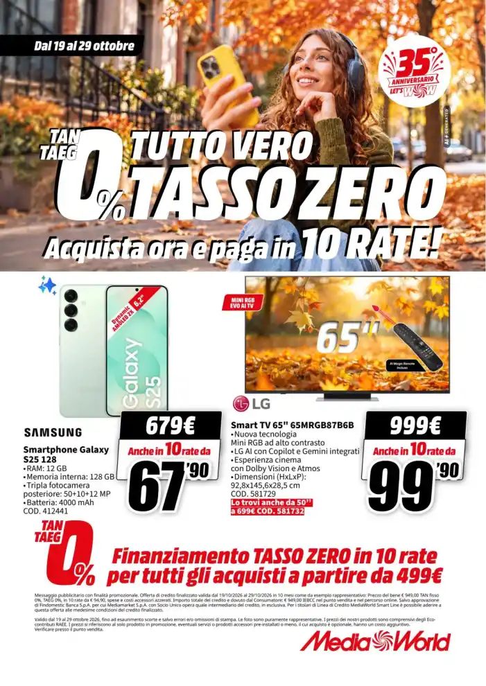 Volantino MediaWorld Tasso zero in 10 rate dal 19/10 fino al 29/10/2026
